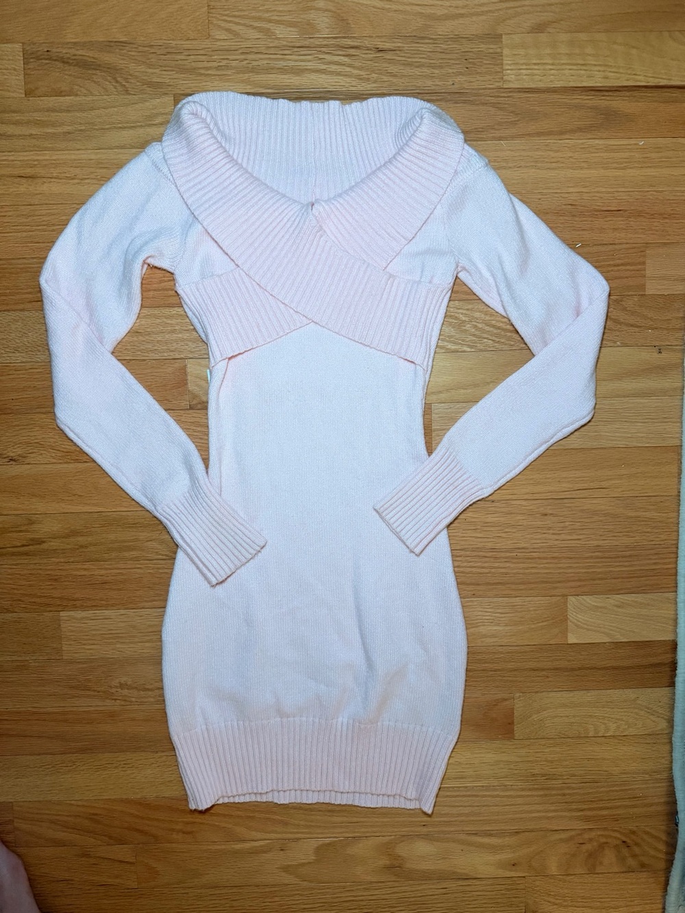 Edikted Pale Pink Off-Shoulder Ribbed Knit Sweater Dress